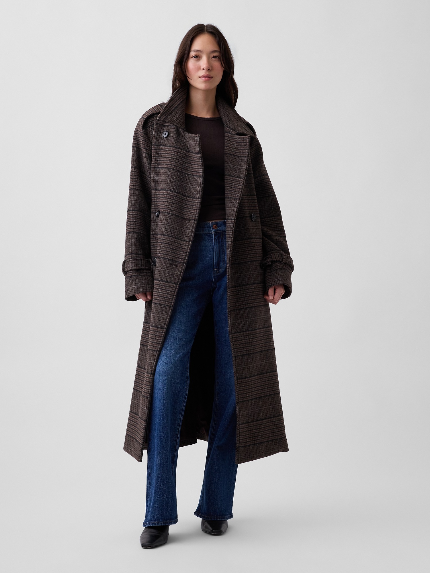Женское пальто Gap Wool-Blend Plaid Trench, цвет: Коричневая гусиная лапка — фото 2