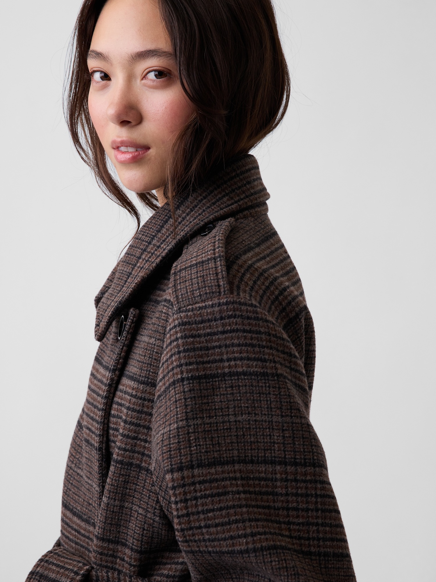 Женское пальто Gap Wool-Blend Plaid Trench, цвет: Коричневая гусиная лапка — фото 4