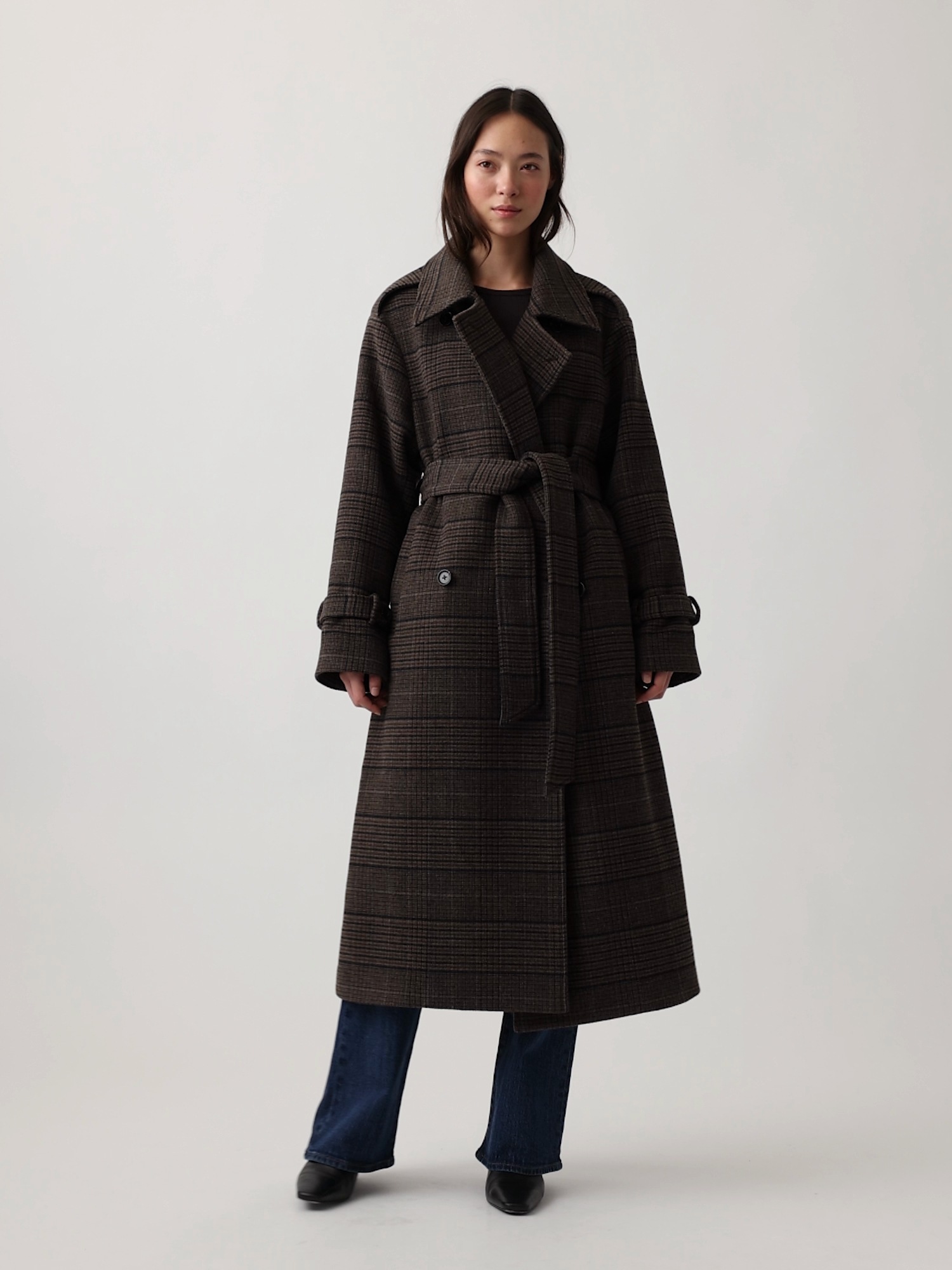 Женское пальто Gap Wool-Blend Plaid Trench, цвет: Коричневая гусиная лапка — фото 6