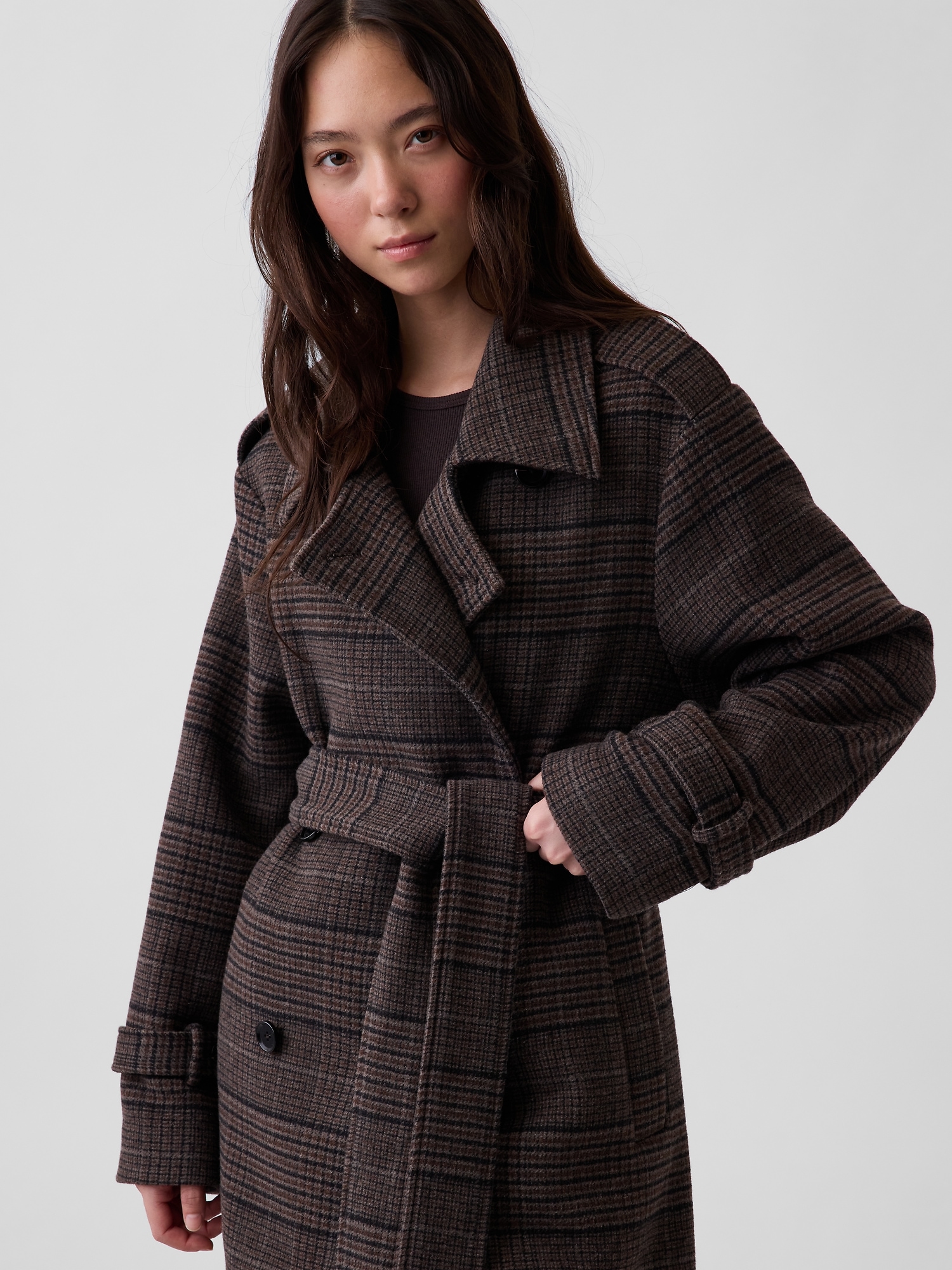 Женское пальто Gap Wool-Blend Plaid Trench, цвет: Коричневая гусиная лапка — фото 3
