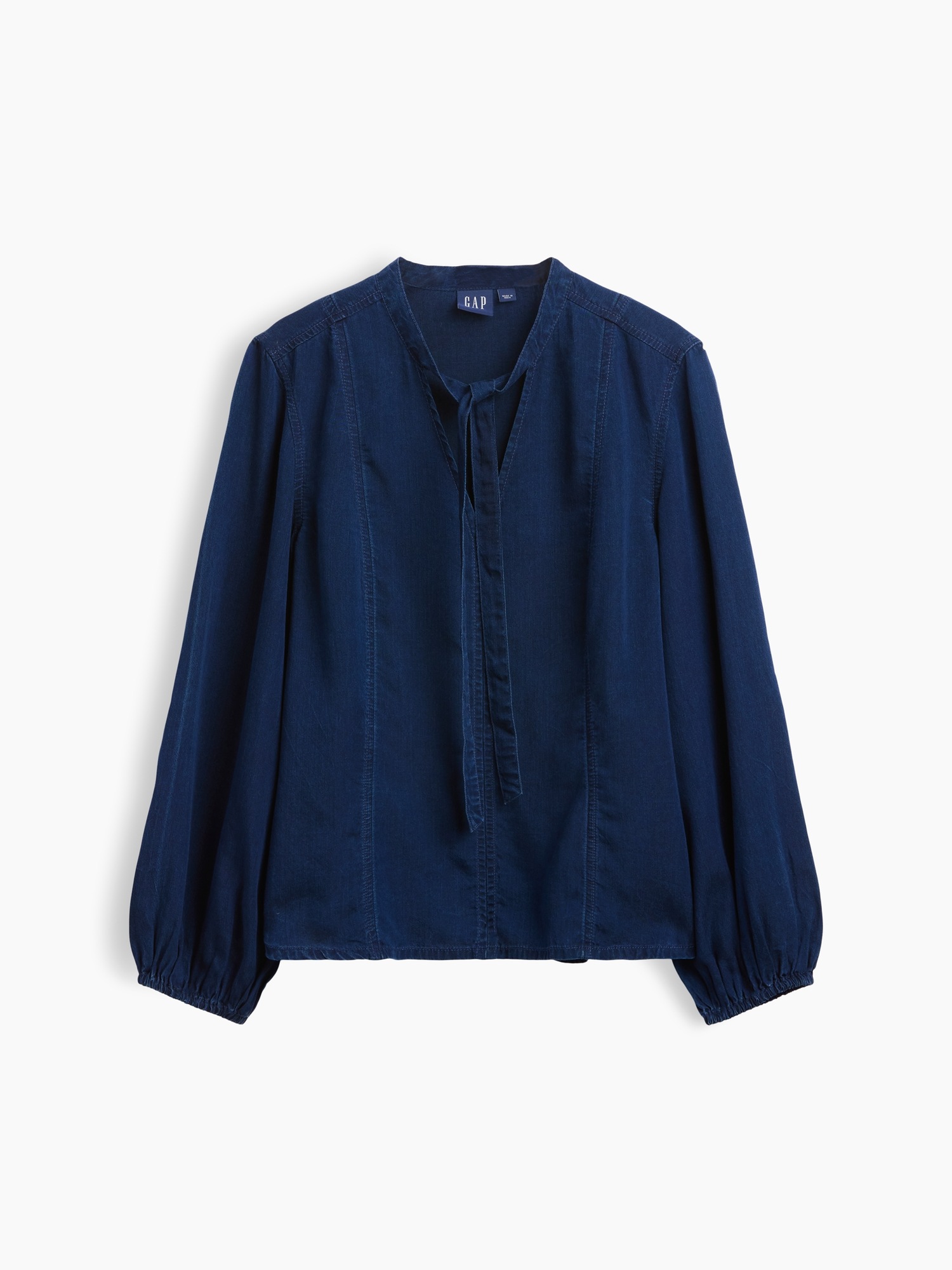 Женская рубашка Gap Denim Seamed Tie-Neck, цвет: Тёмная варка — фото 5