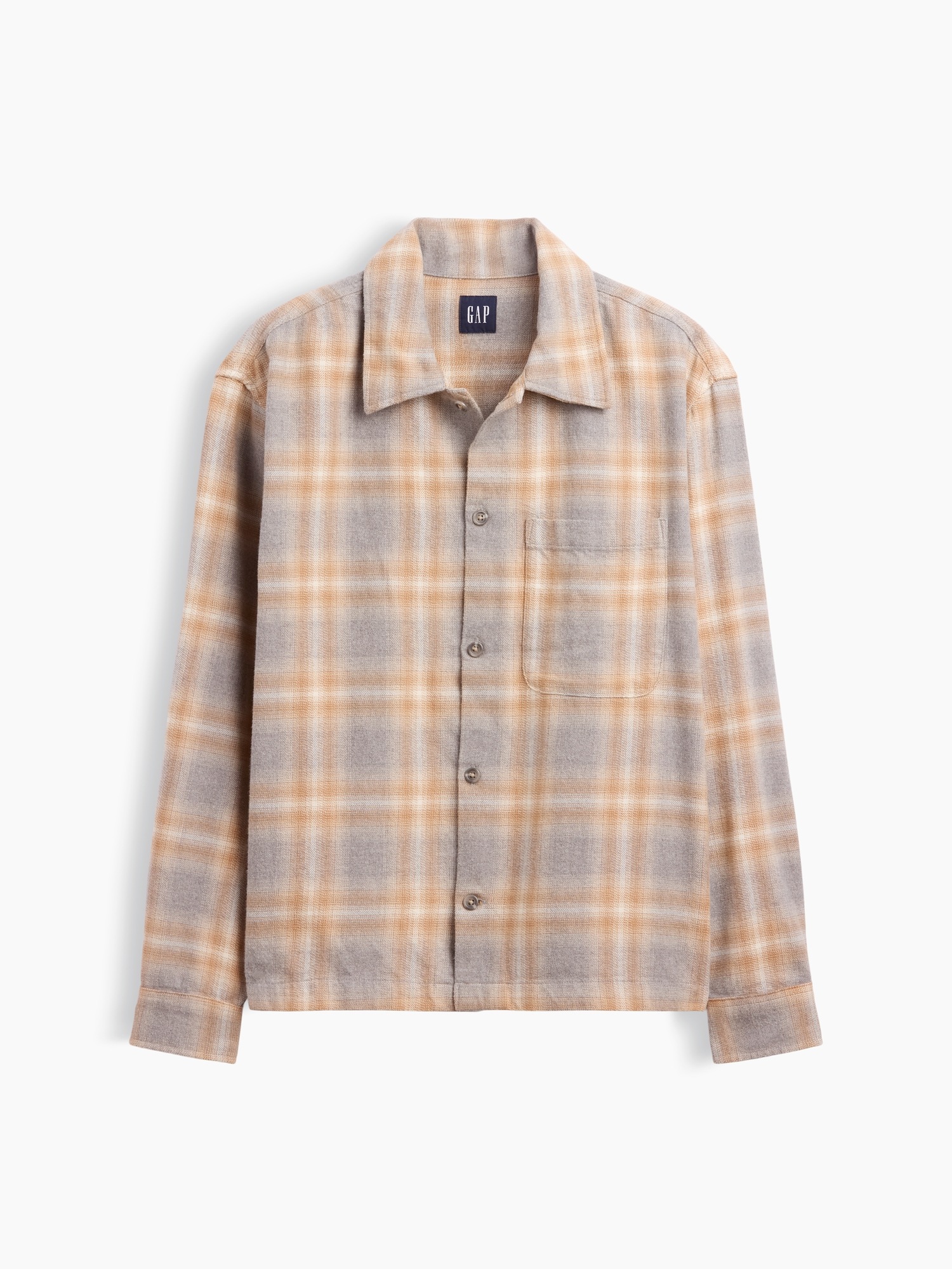 Мужская рубашка Gap Relaxed Straight-Hem Flannel, цвет: Бежевый / Серый — фото 5