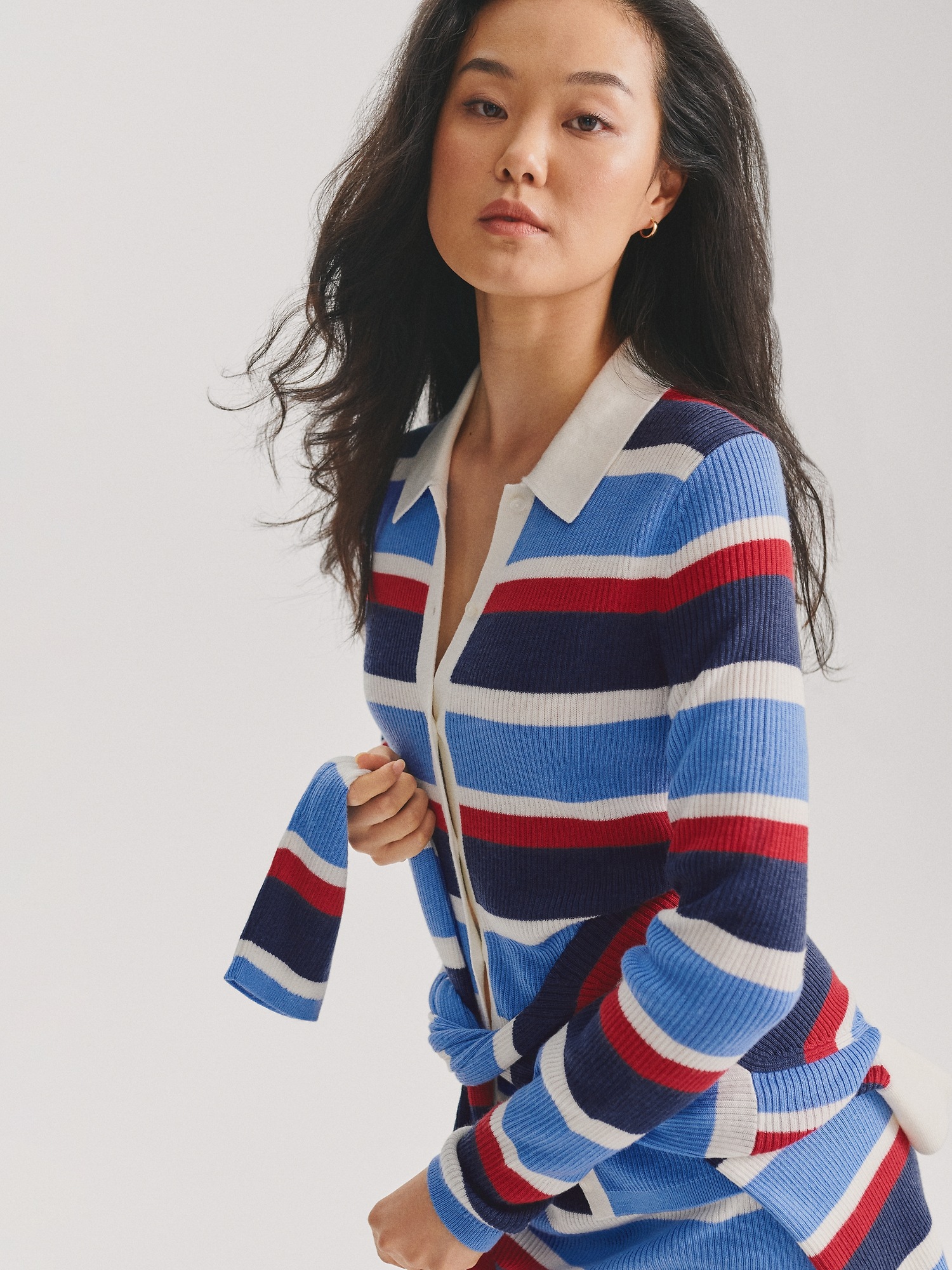Женский кардиган Gap × Malbon Stripe Polo Cardigan, цвет: Тёмно-синий полосатый — фото 6