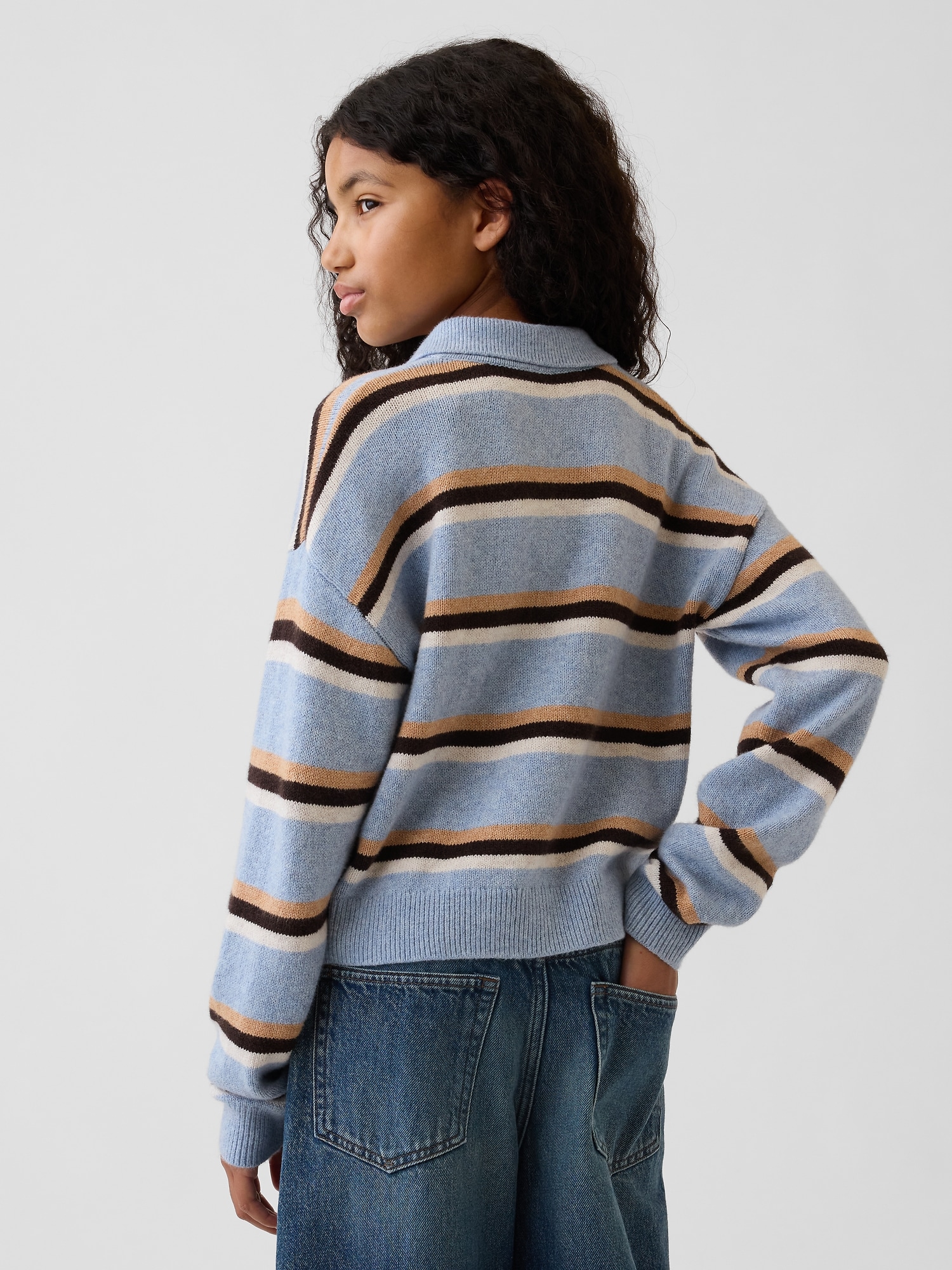 Детский свитер Gap CashSoft Relaxed Polo Sweater, цвет: Синий полосатый — фото 3