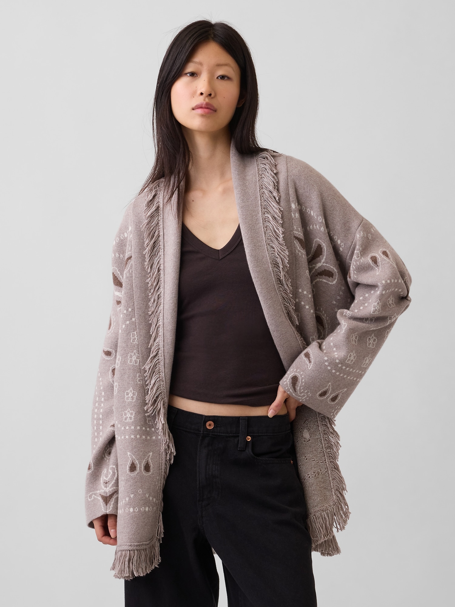 Gap Cotton-blend Fringe Shawl Cardigan In Medium Cool Brown Heather