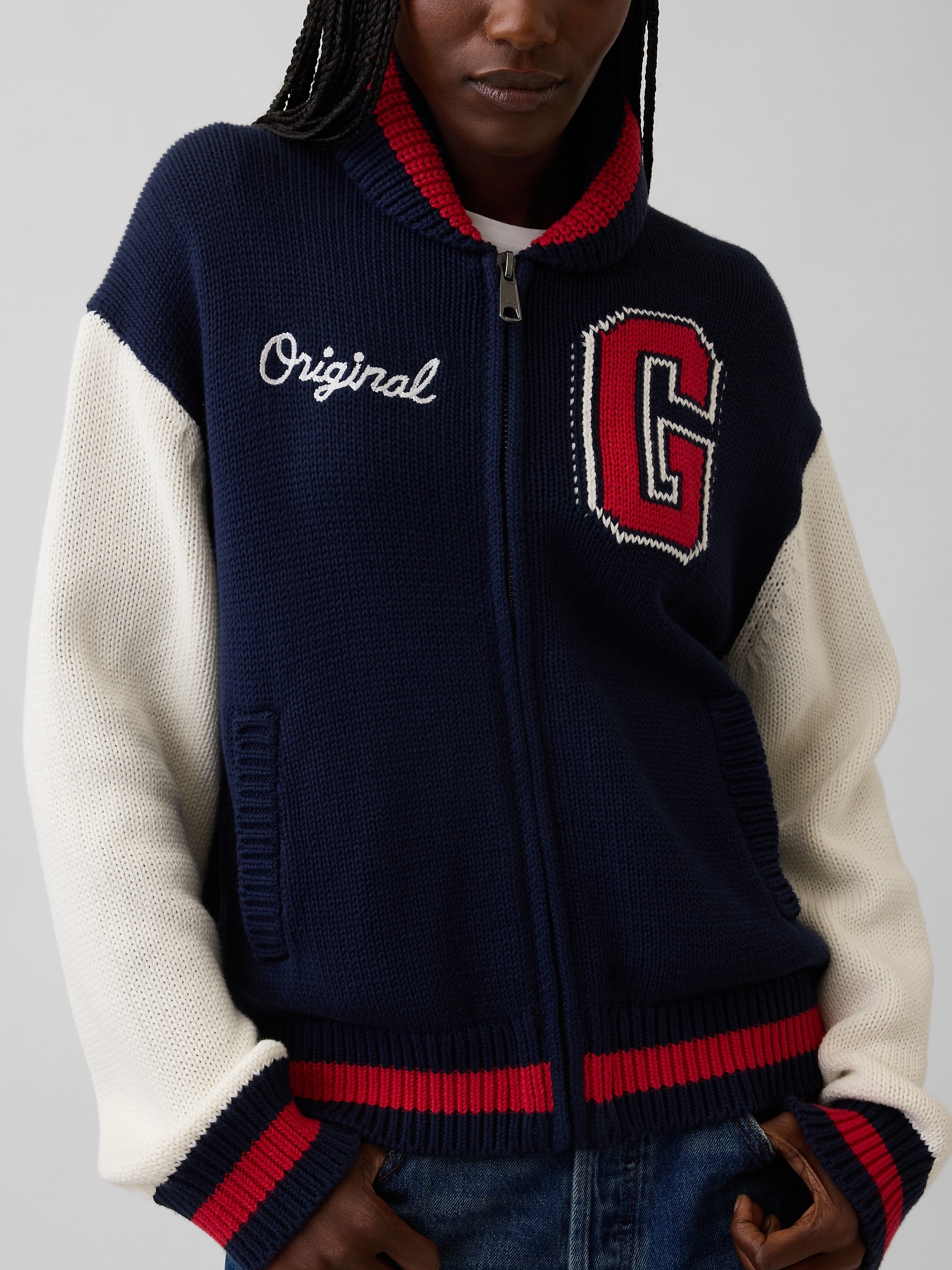 Женская куртка Gap 100% Cotton Oversized Varsity Sweater Jacket, цвет: Тёмно-синий — фото 4
