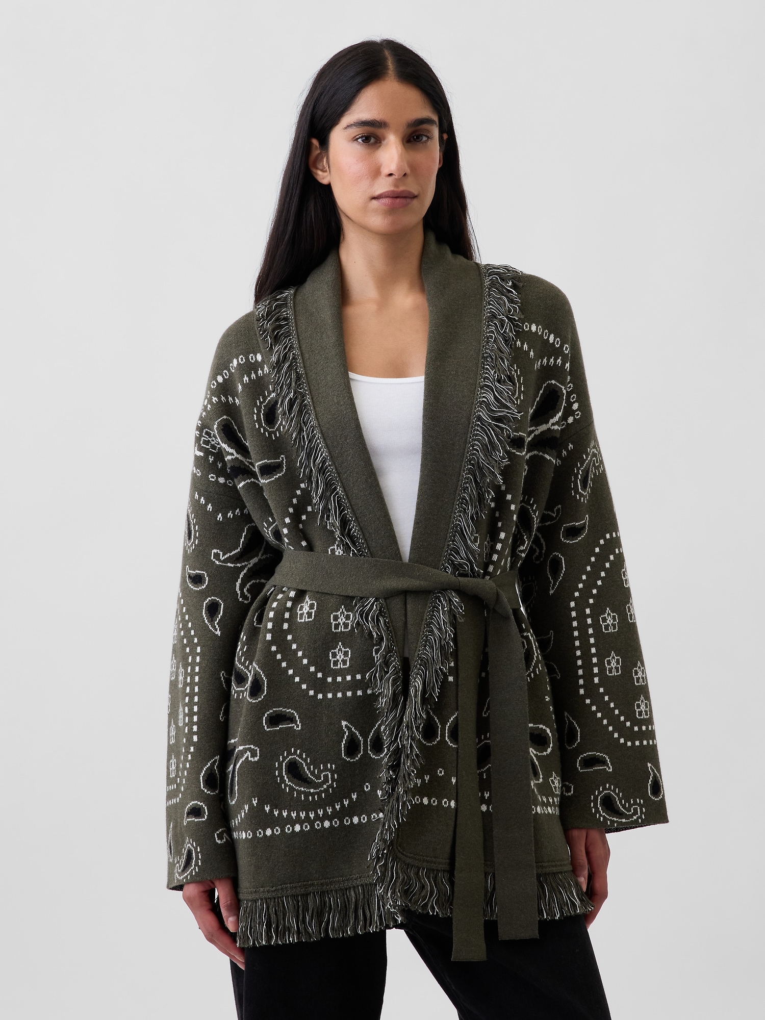 Gap Cotton-blend Fringe Shawl Cardigan In Bamboo Green
