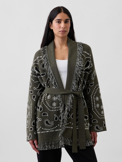 Cotton-Blend Fringe Shawl Cardigan