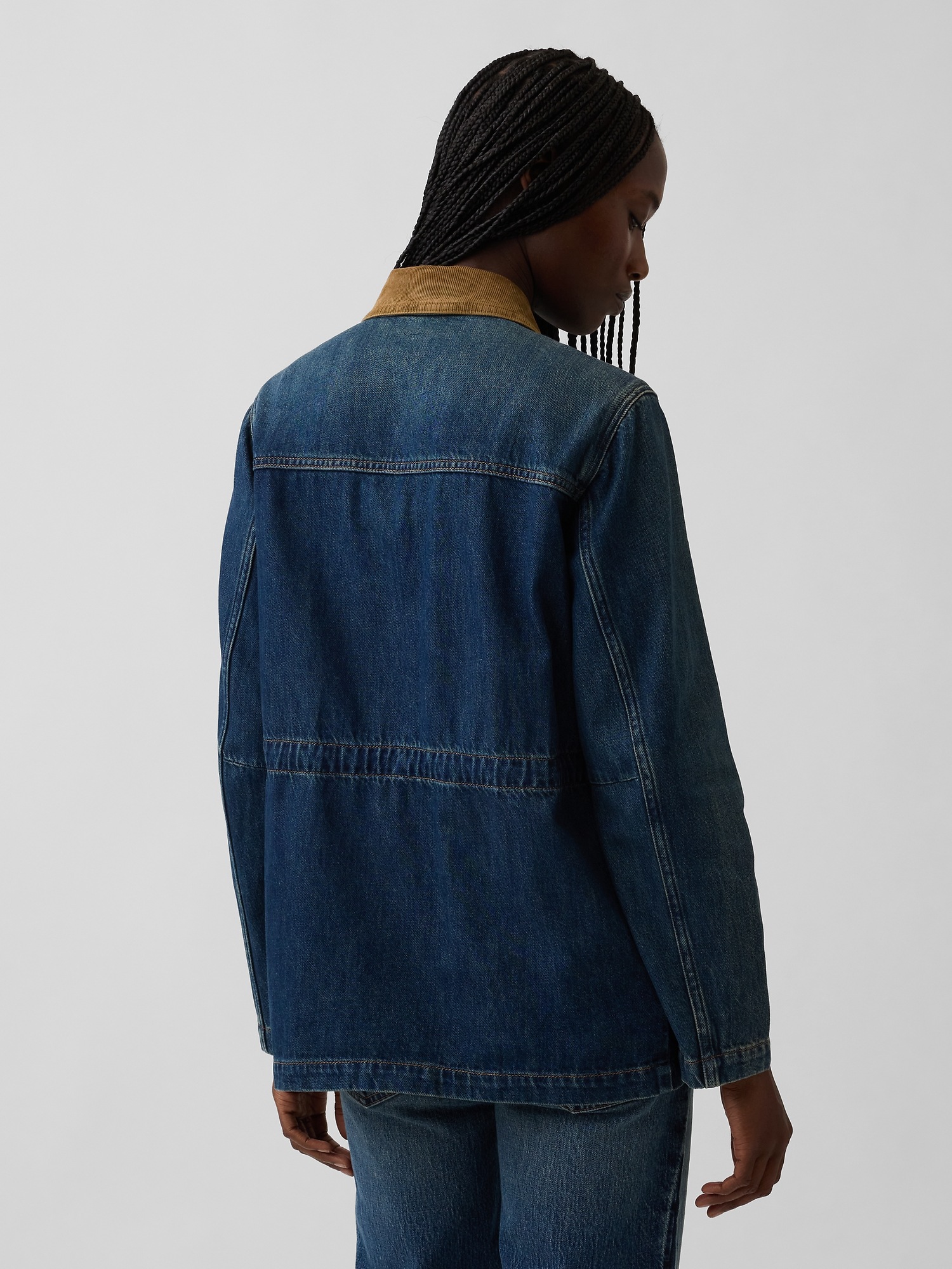 Женская куртка Gap Cinched-Waist Denim Chore, цвет: Тёмная варка — фото 3