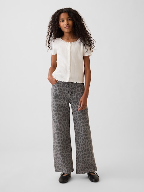 Kids Low Rise Stride Leopard Wide-Leg Jeans