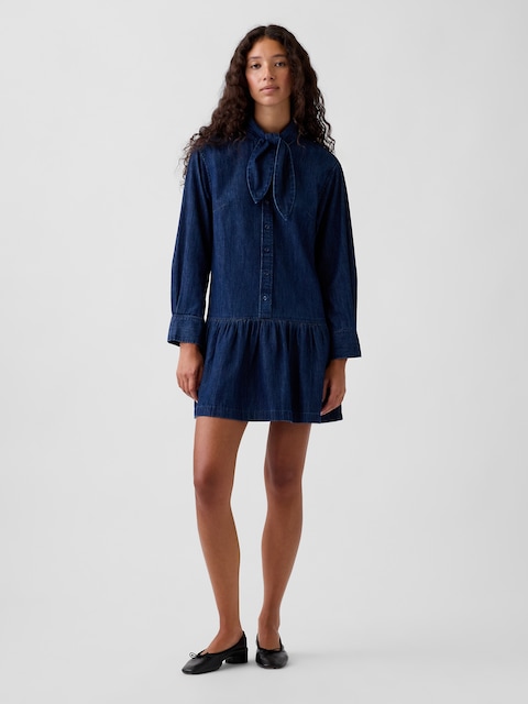 Denim Tie-Neck Mini Shirtdress