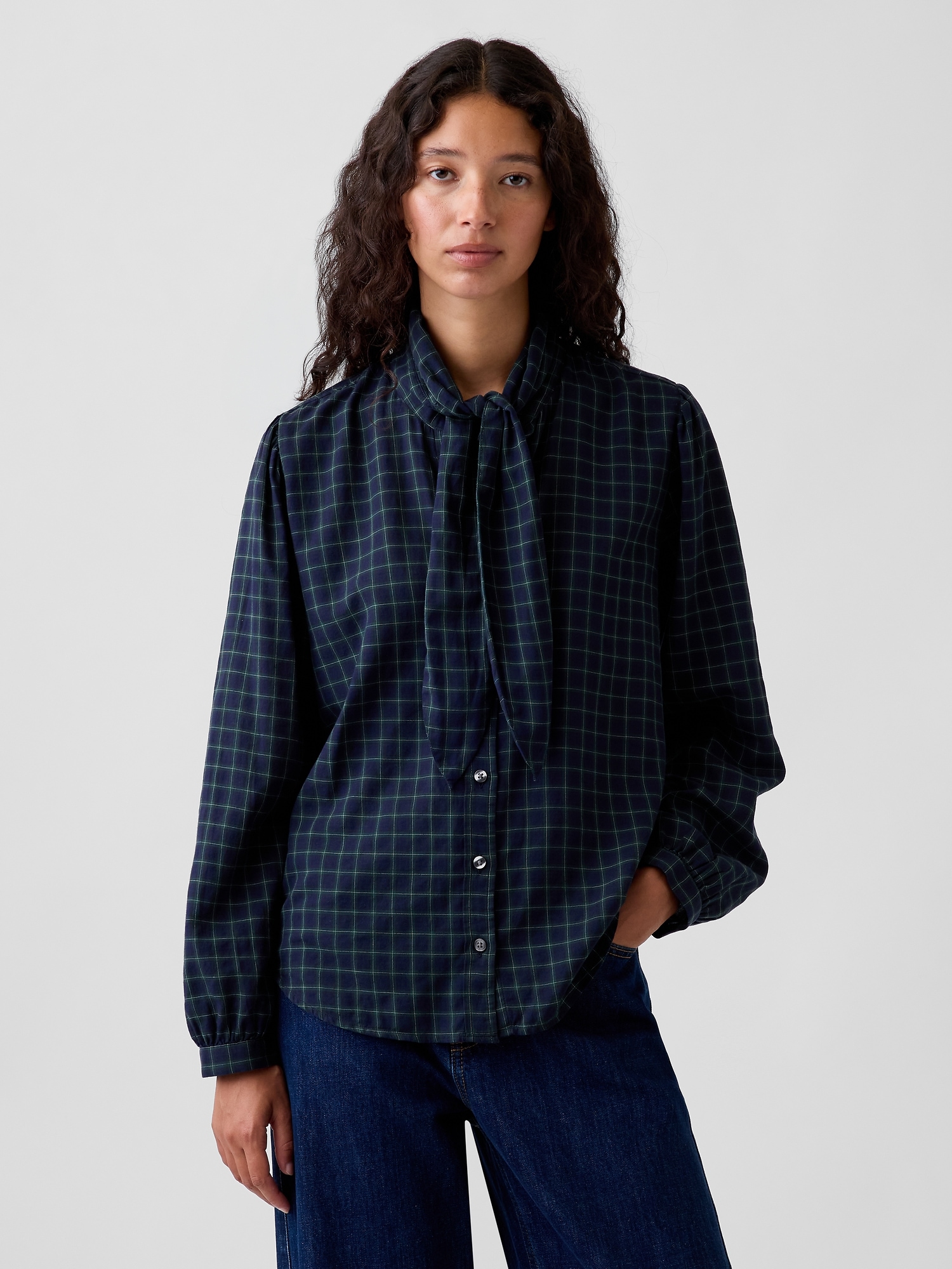 Gap Plaid Tie-neck Shirt In Blue