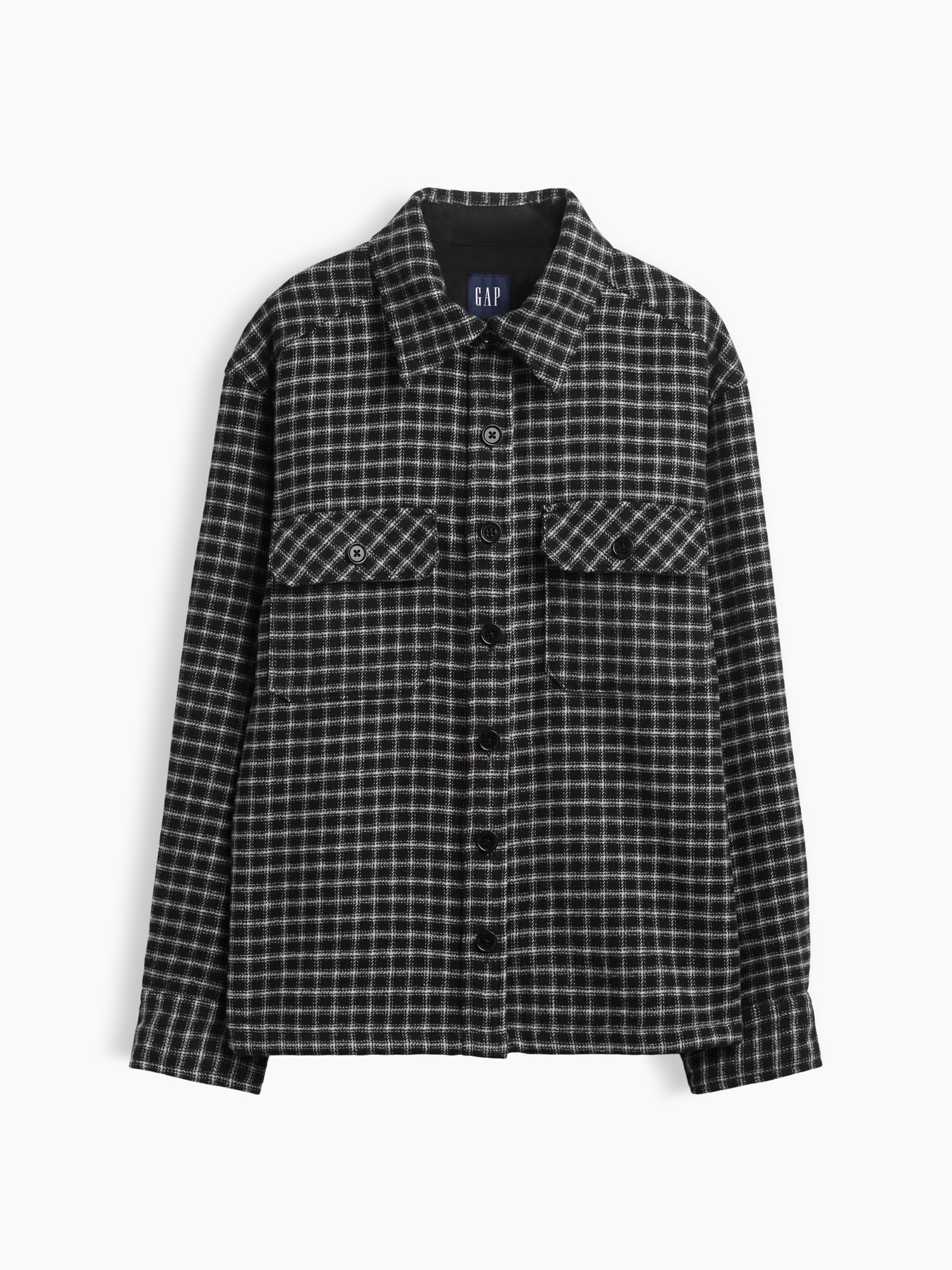 Женская куртка Gap Wool-Blend Plaid Shirt Jacket, цвет: Чёрный клетчатый — фото 6