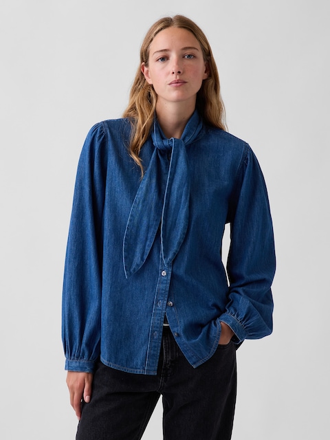 Denim Tie-Neck Shirt