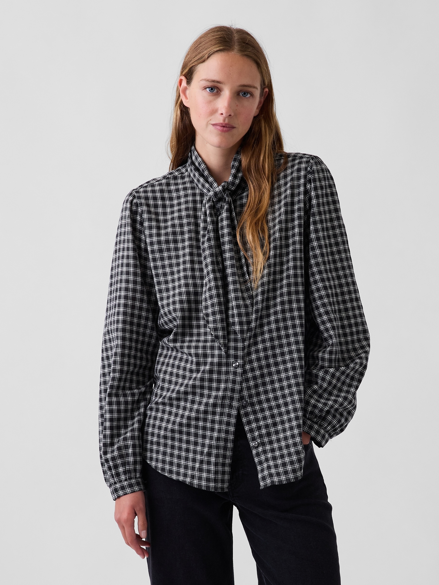 Gap Plaid Tie-neck Shirt In Black