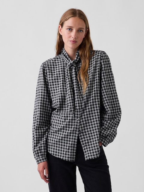Plaid Tie-Neck Shirt