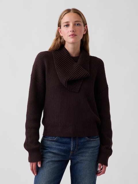 100% Cotton Relaxed Scarf-Neck Sweater