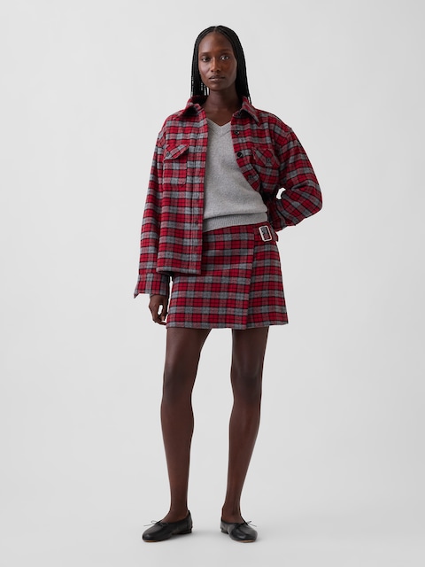 Wool-Blend Plaid Belted Mini Skort