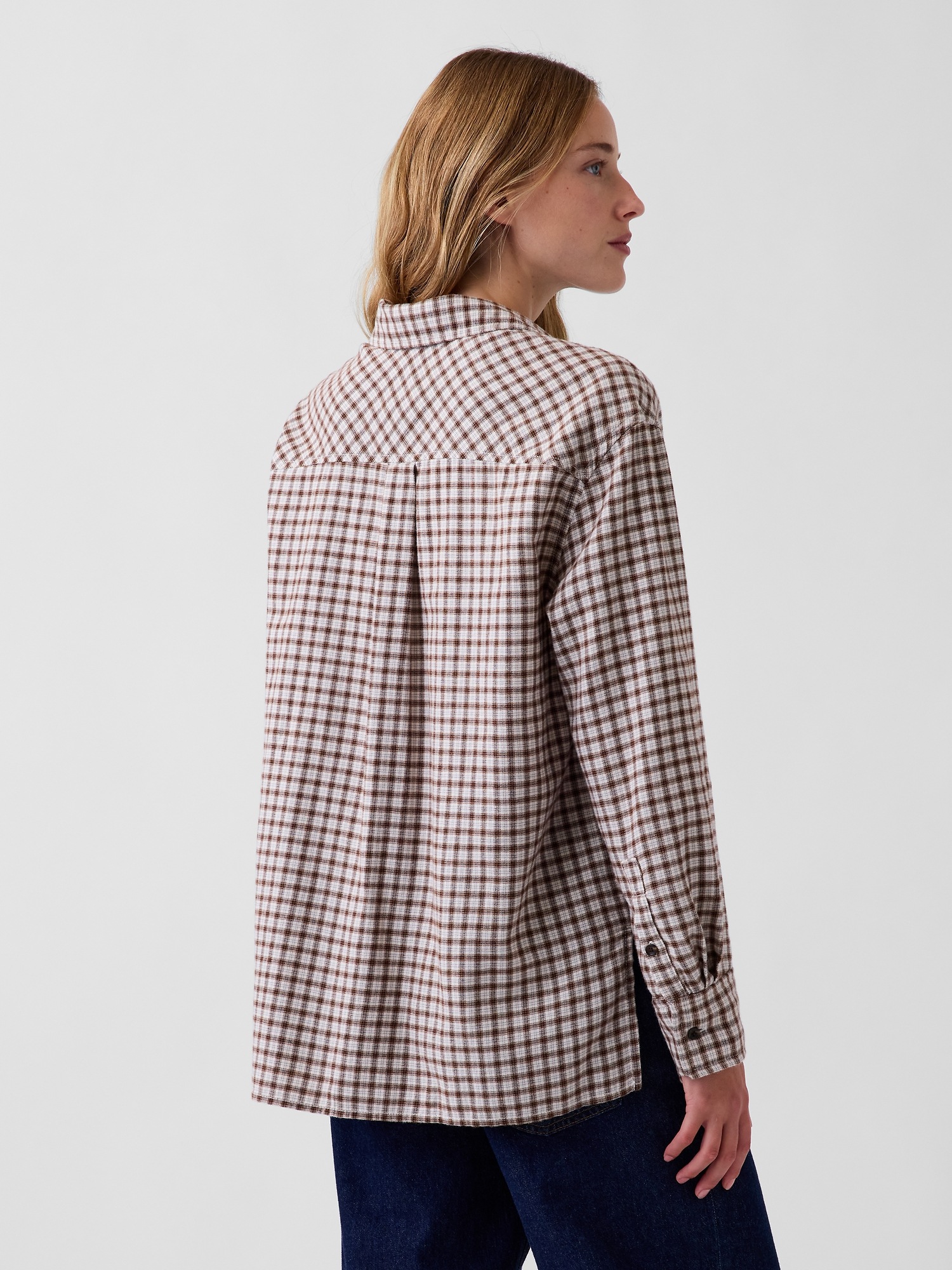 Женская рубашка Gap Oversized Straight-Hem Flannel, цвет: Берёзовый бежевый клетчатый — фото 3