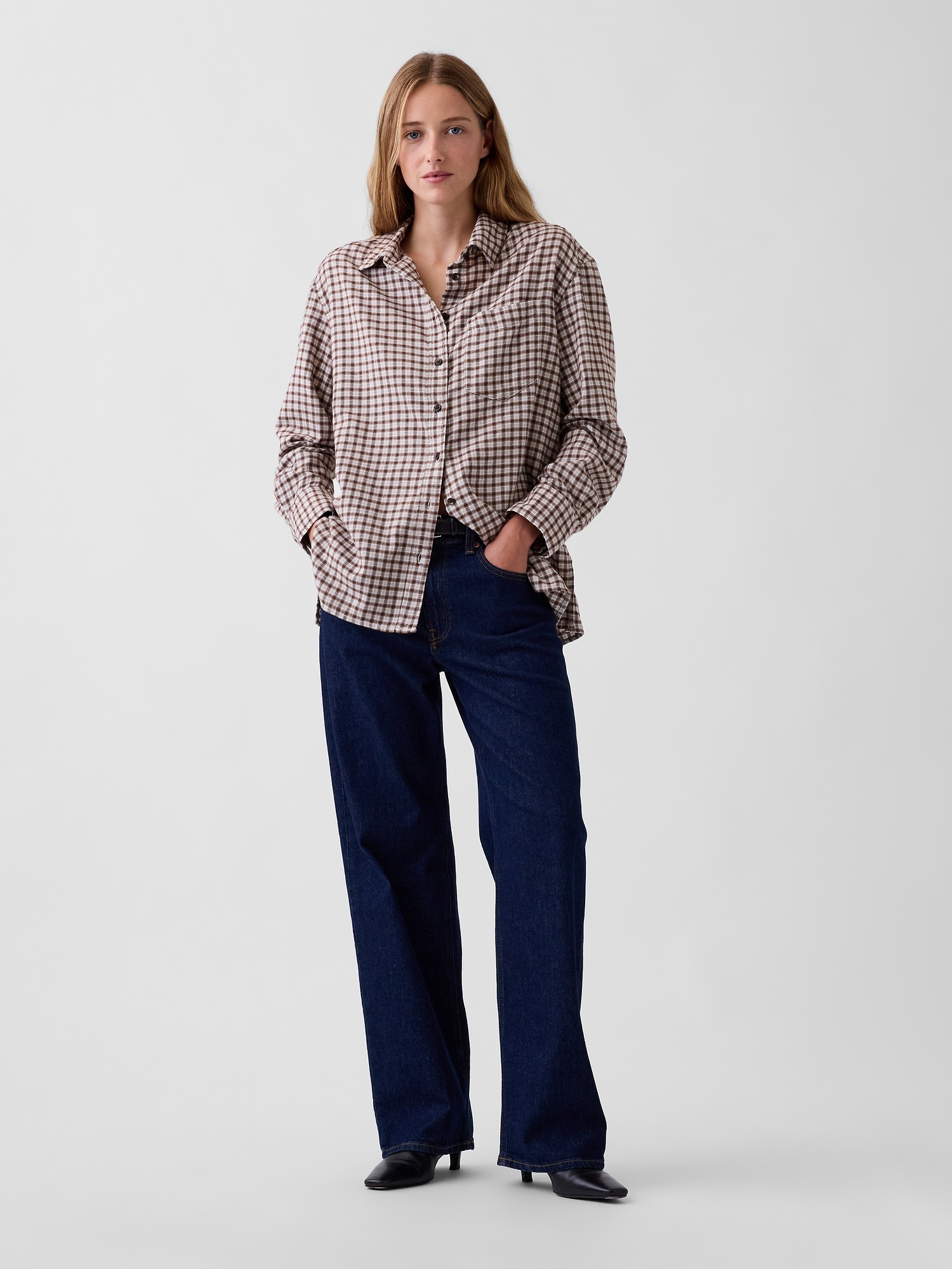 Женская рубашка Gap Oversized Straight-Hem Flannel, цвет: Берёзовый бежевый клетчатый — фото 2