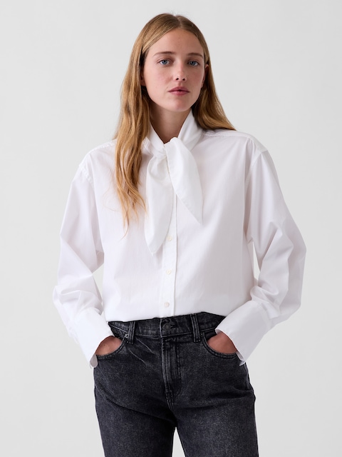 Organic Cotton Poplin Tie-Neck Big Shirt