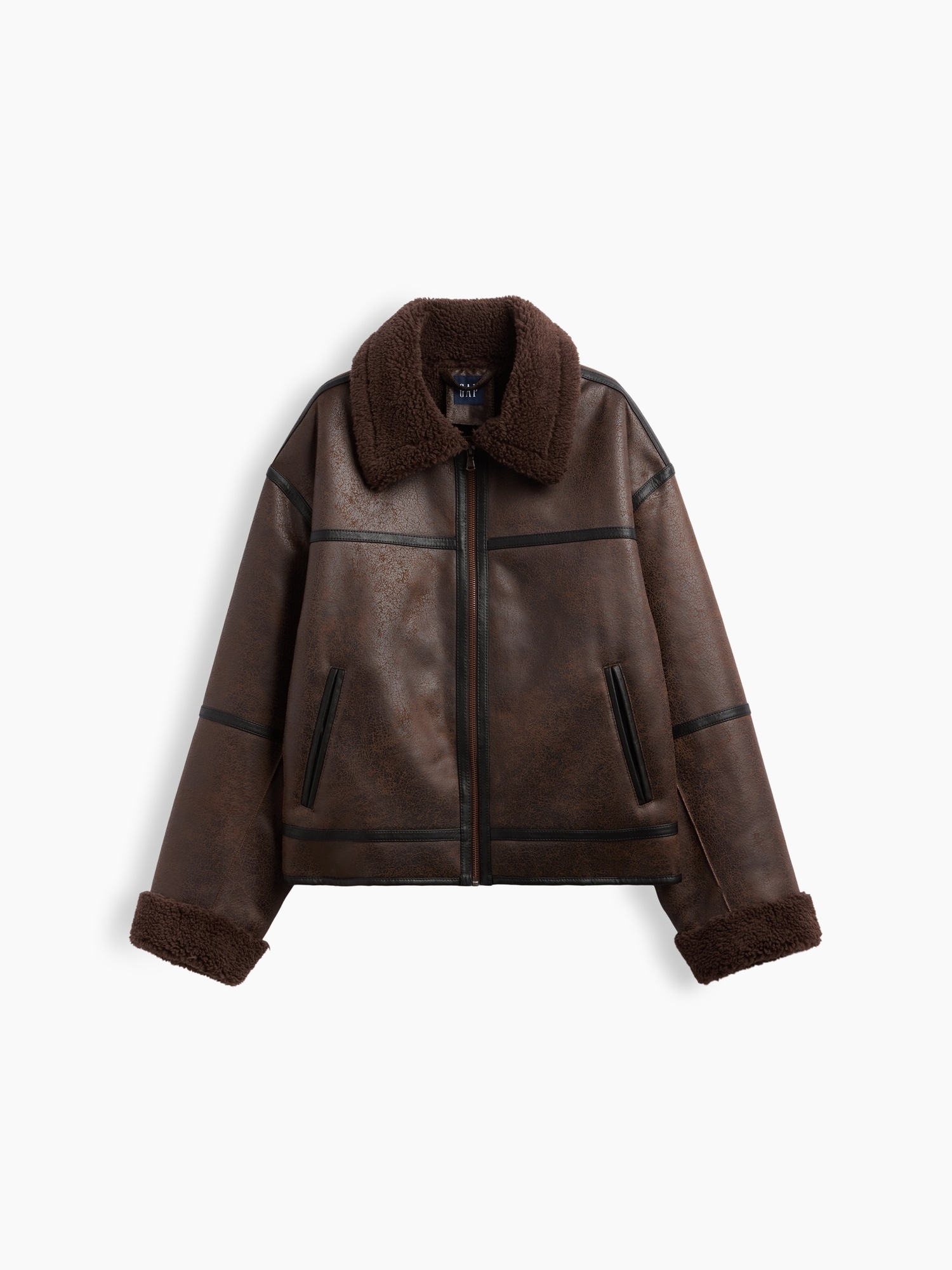 Женская куртка Gap Sherpa & Vegan Leather Flight, цвет: Коричневый — фото 6
