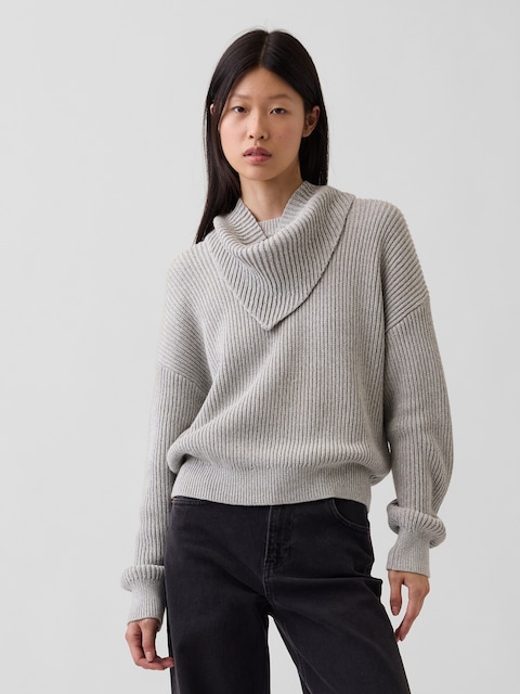 100% Cotton Relaxed Scarf-Neck Sweater