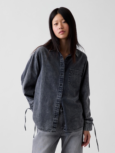 Denim Oversized Ruched-Sleeve Shirt