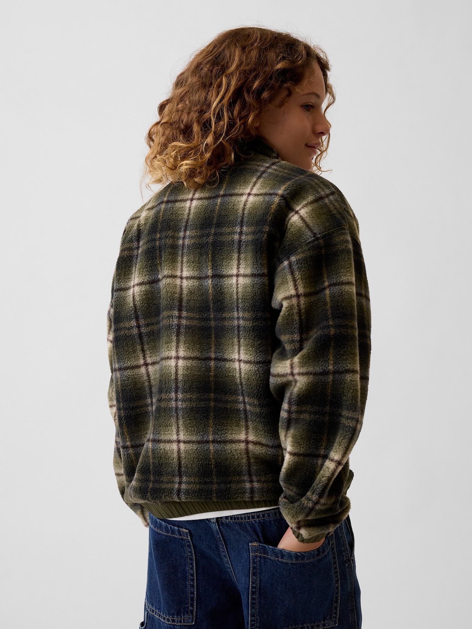 Детская куртка Gap Plaid Sherpa Zip, цвет: Оливковый зелёный клетчатый — фото 3
