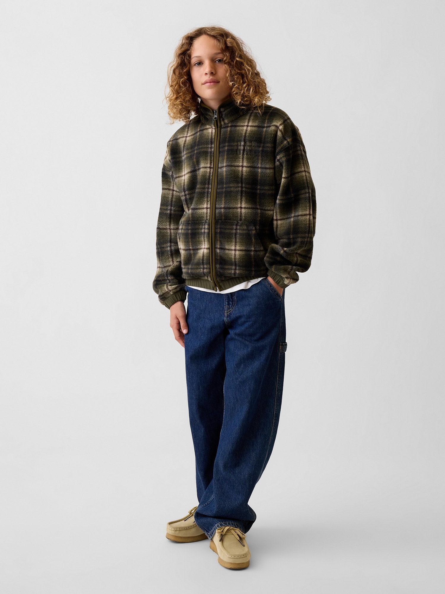 Детская куртка Gap Plaid Sherpa Zip, цвет: Оливковый зелёный клетчатый — фото 4