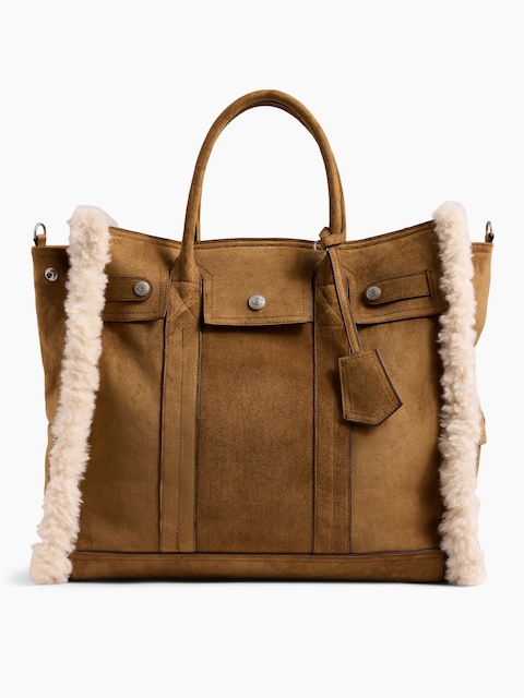 Large Sherpa-Lined Vegan Suede Five Pocket Tote