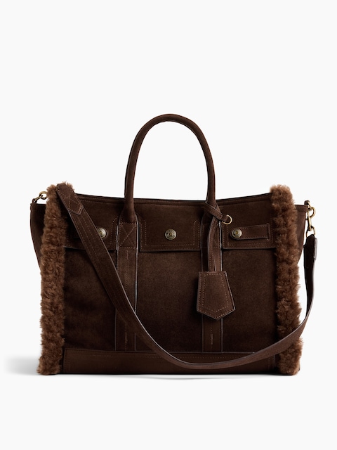 Sherpa-Lined Vegan Suede Five Pocket Tote