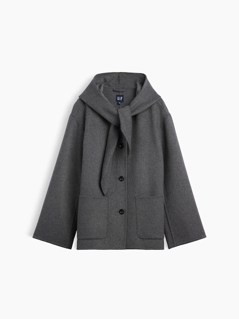 Wool-Blend Hooded Tie-Neck Coat