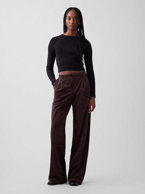Vegan Suede Pleated Wide-Leg Pants