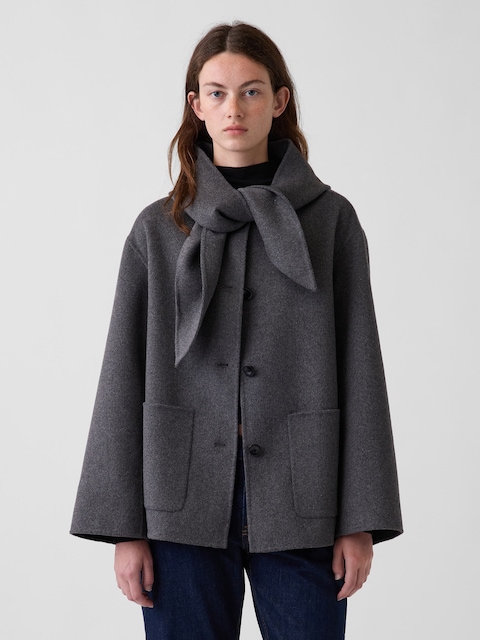 Wool-Blend Hooded Tie-Neck Coat