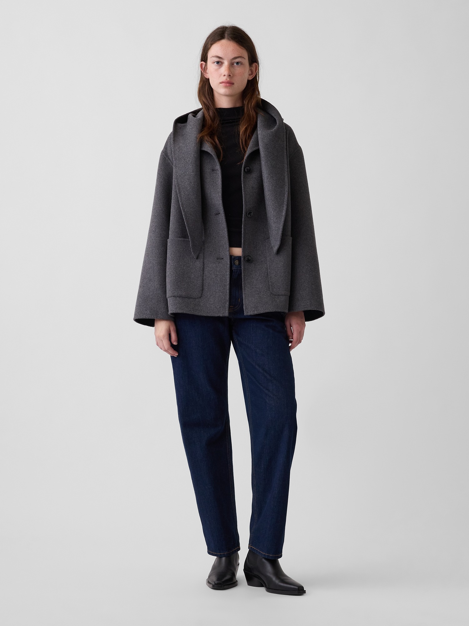 Женское пальто Gap Wool-Blend Hooded Tie-Neck, цвет: Тёмный меланжевый серый — фото 2