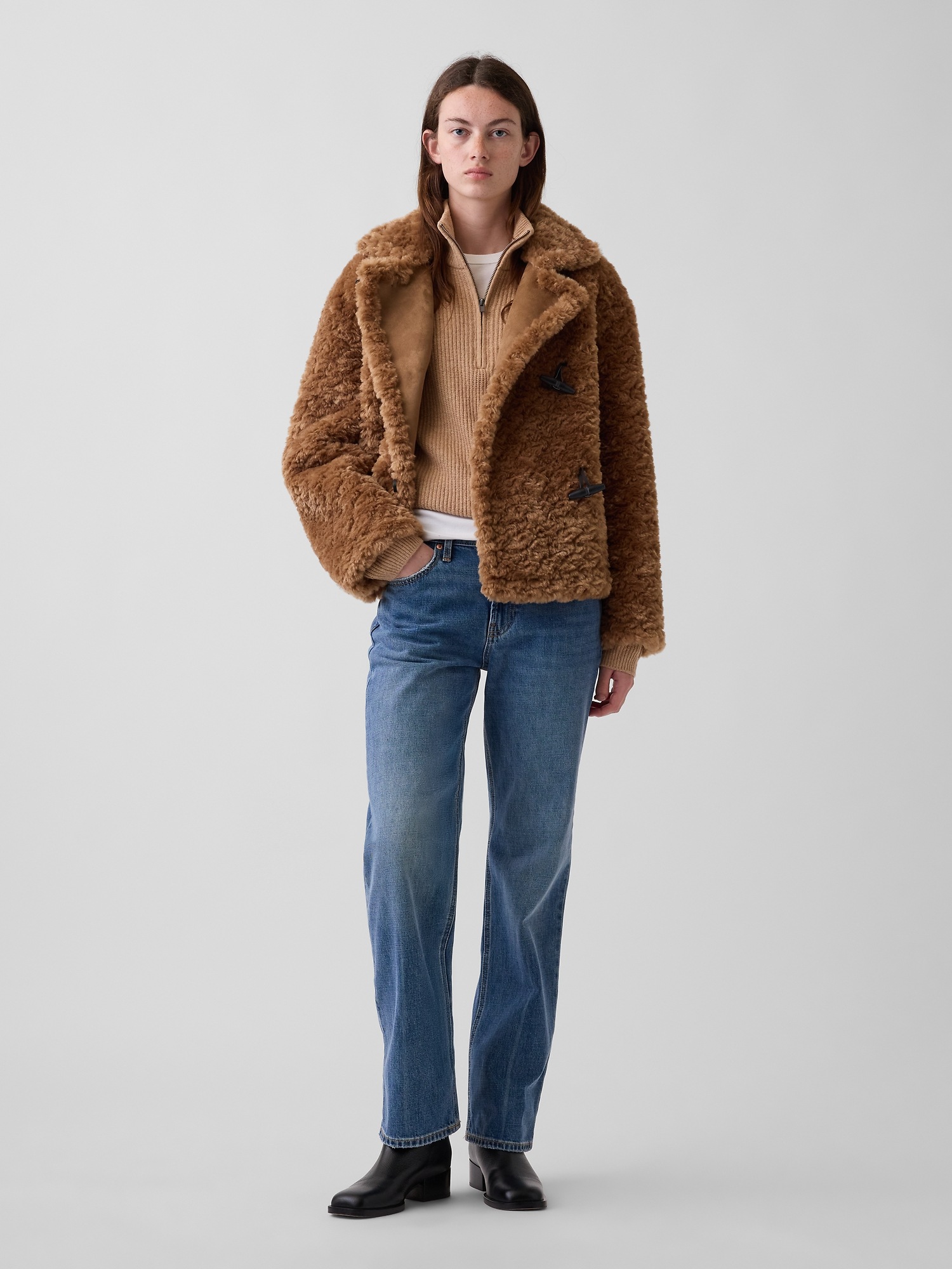 Женское пальто Gap Sherpa & Vegan Suede Toggle, цвет: Коричневый — фото 2