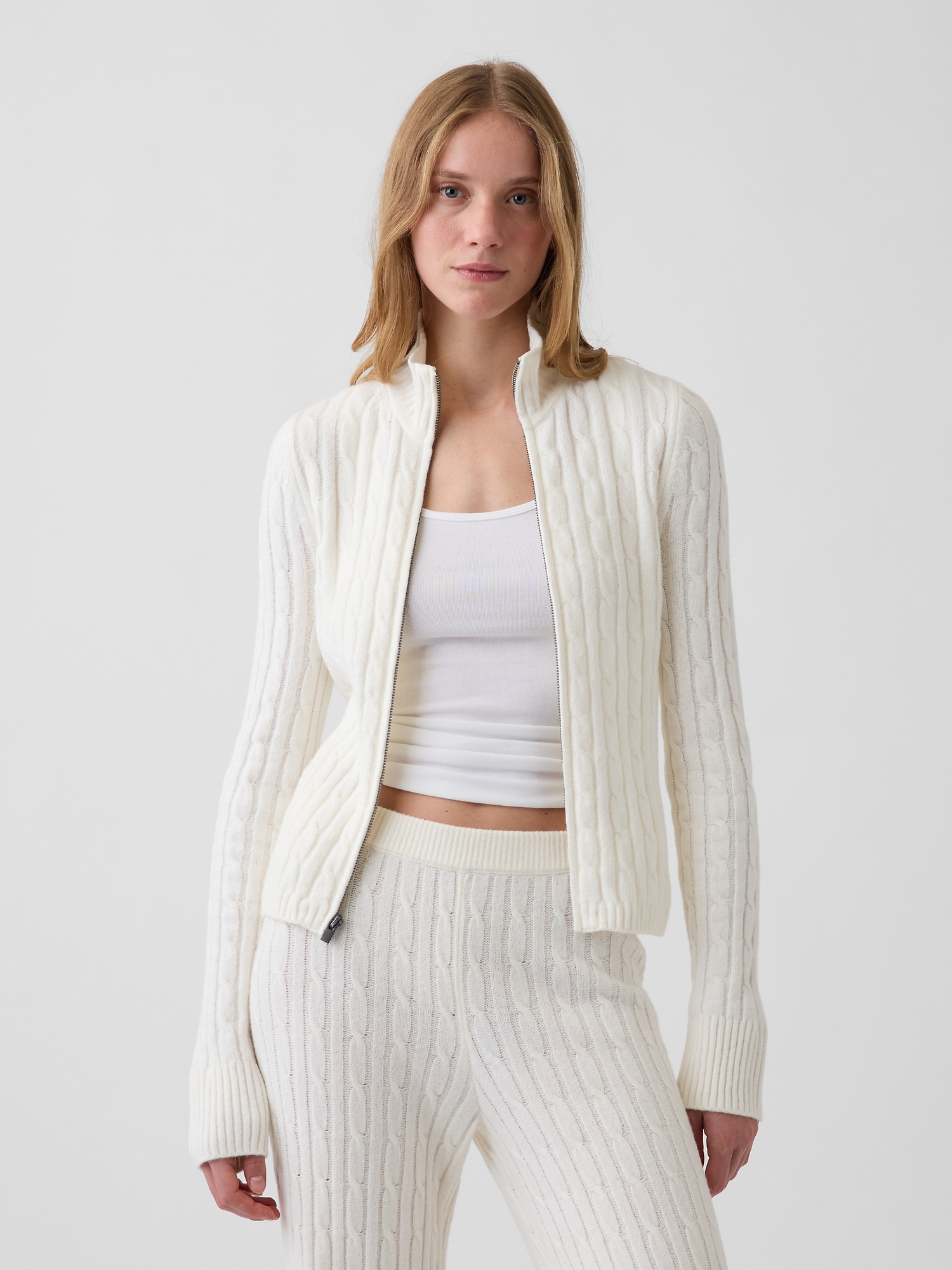 CashSoft Cable-Knit Zip Cardigan