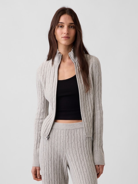 CashSoft Cable-Knit Zip Cardigan